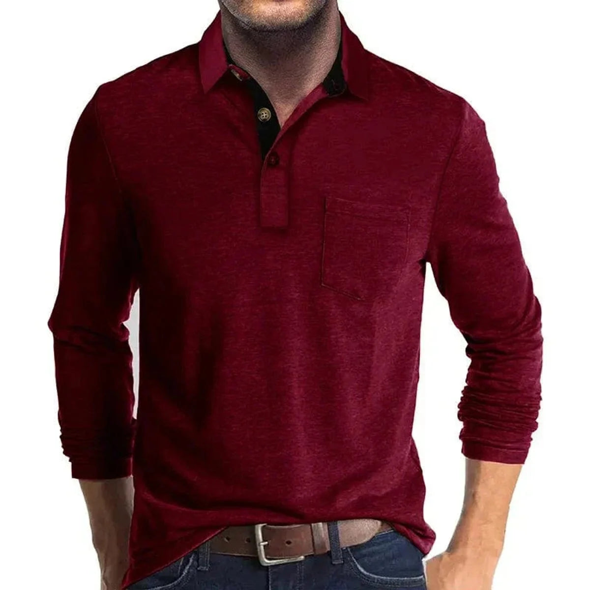 Red Men's Long Sleeve Polo Shirt with Contrast Collar & Chest Pocket