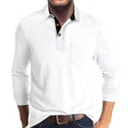 White Men's Long Sleeve Polo Shirt with Contrast Collar & Chest Pocket