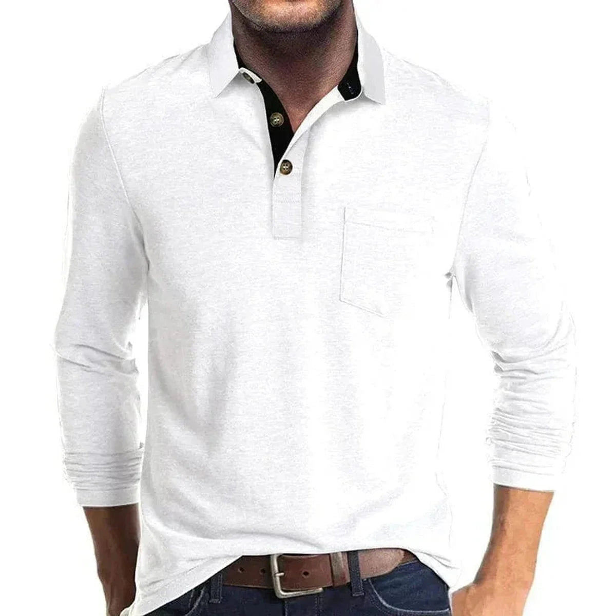 White Men's Long Sleeve Polo Shirt with Contrast Collar & Chest Pocket