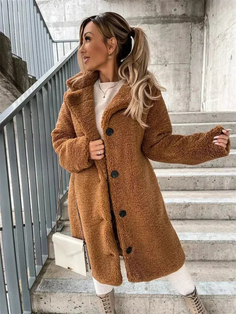 Brown Women's Coat with Soft-Touch Feel & Long-Line Silhouette