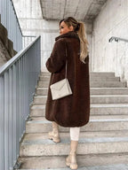 Dark Brown Women's Coat with Soft-Touch Feel & Long-Line Silhouette - Back Pose With Bag