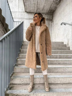 Women's Coat with Soft-Touch Feel & Long-Line Silhouette - Front Full Walking Down Stairs