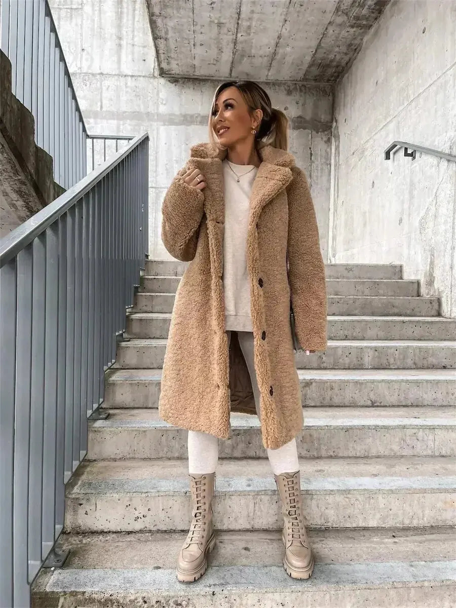 Women's Coat with Soft-Touch Feel & Long-Line Silhouette - Front Full Walking Down Stairs