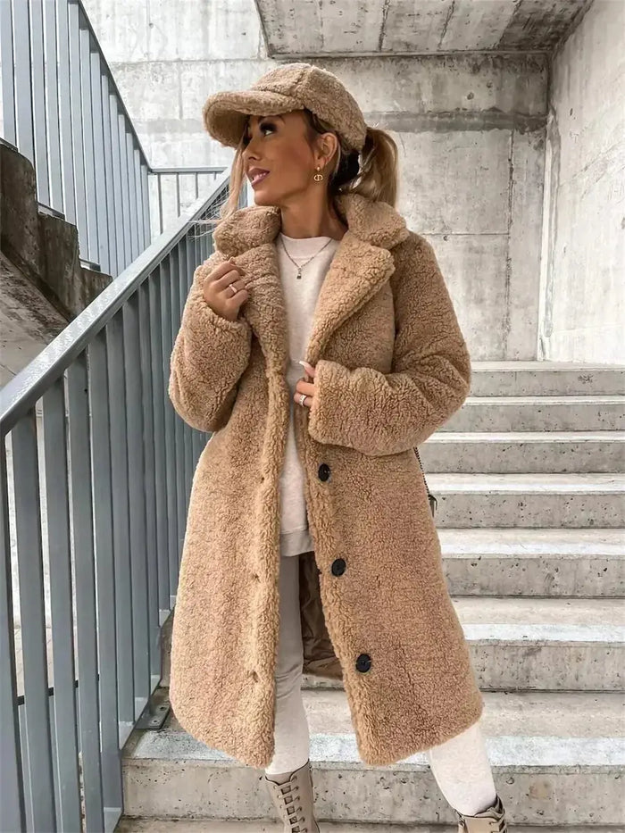 Light Brown Women's Coat with Soft-Touch Feel & Long-Line Silhouette - Front Pose With Hat