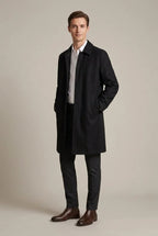 Black Men's Long Trench Coat in Wool Blend with Spread Collar
