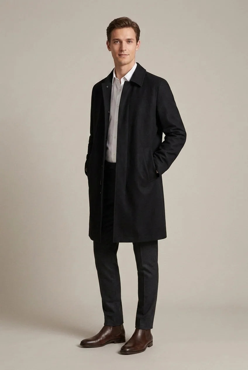 Black Men's Long Trench Coat in Wool Blend with Spread Collar