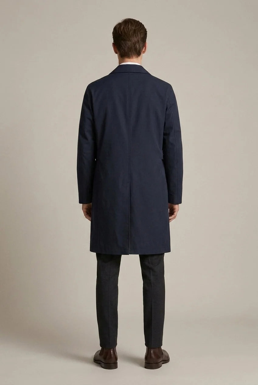 Men's Long Trench Coat in Wool Blend with Spread Collar - Back Full
