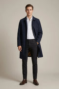 Navy Blue Men's Long Trench Coat in Wool Blend with Spread Collar