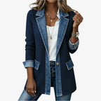 Dark Blue Women's Longline Jacket with Button Front & Lapel Collar