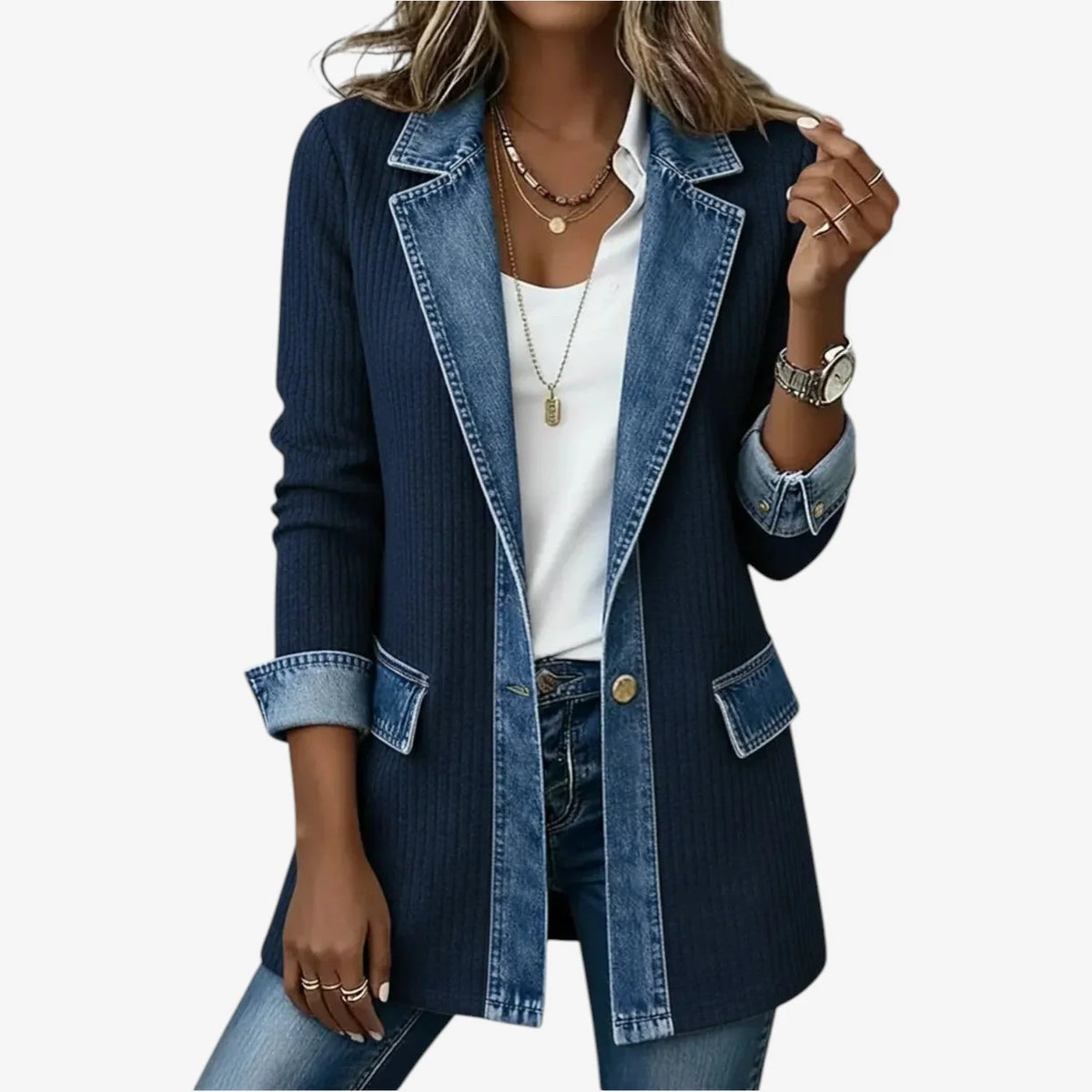 Dark Blue Women's Longline Jacket with Button Front & Lapel Collar