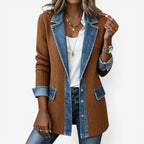 Khaki Women's Longline Jacket with Button Front & Lapel Collar