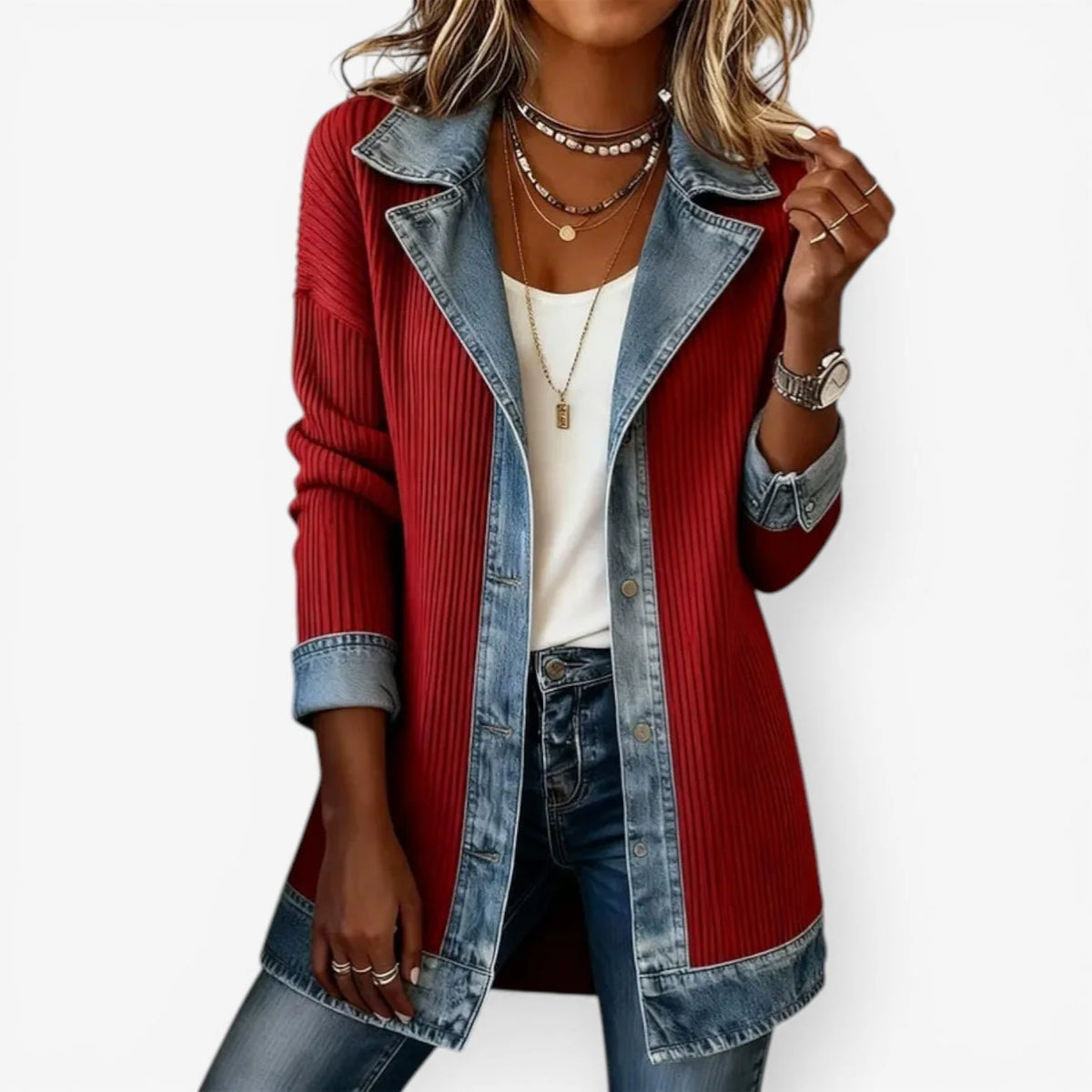 Red Women's Longline Jacket with Button Front & Lapel Collar