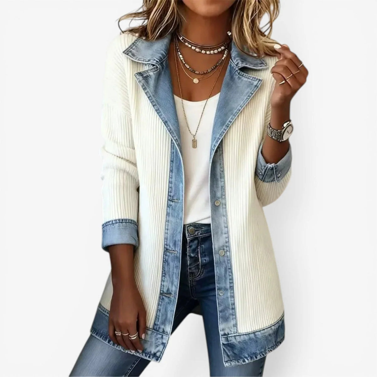 White Women's Longline Jacket with Button Front & Lapel Collar