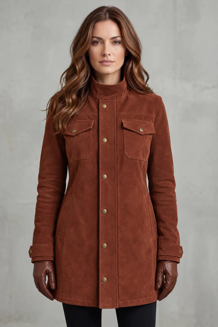 Rust Women's Longline Suede Coat with Soft Brushed Texture & Snap Button Front - Front Full