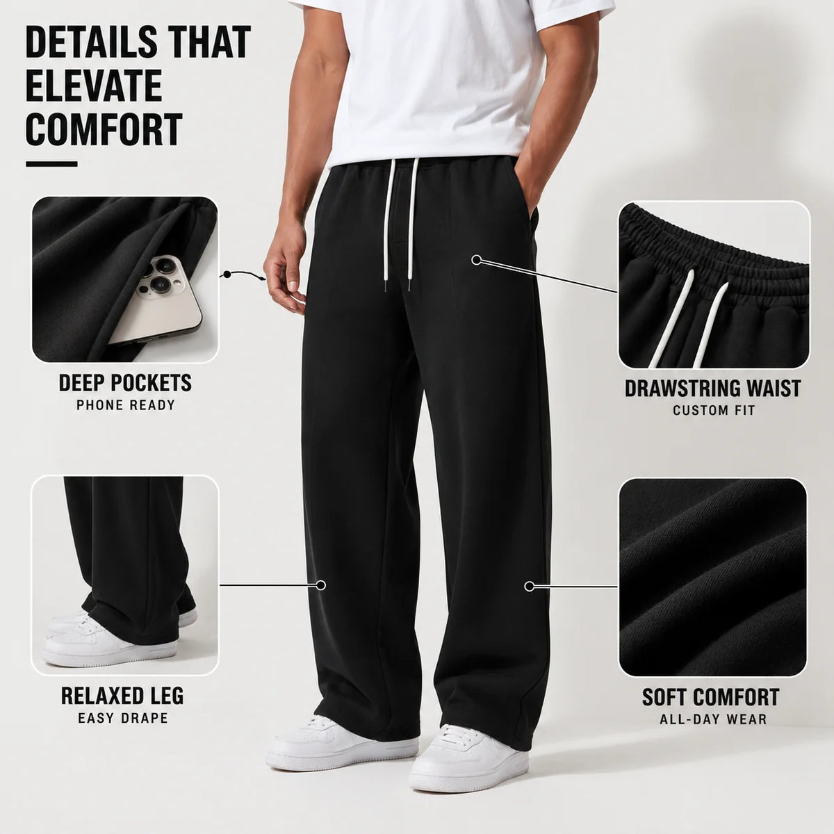 Men's Loose Fit Joggers with Drawstring Waist & Deep Pockets - Detail Features