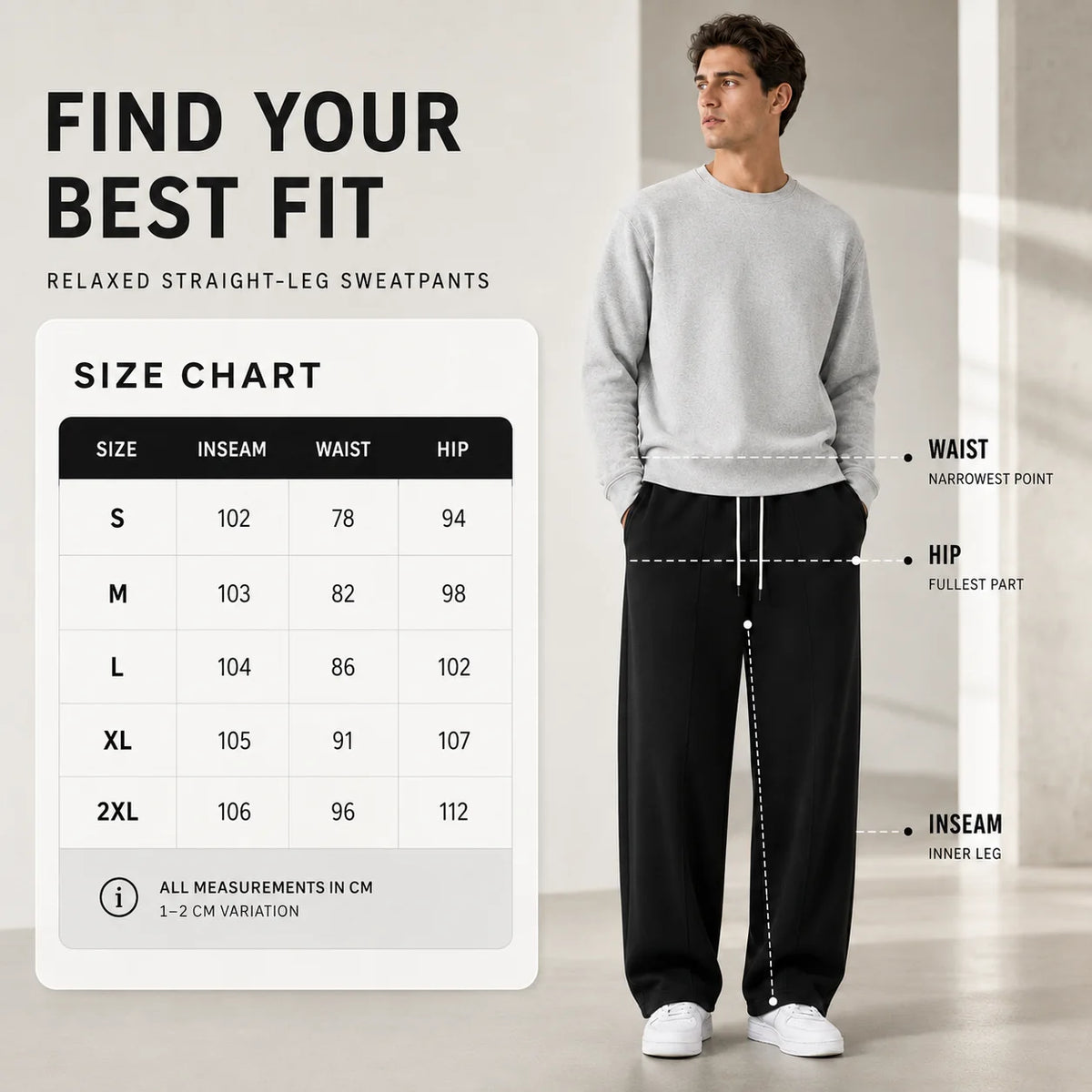 Men's Loose Fit Joggers with Drawstring Waist & Deep Pockets - Size Chart