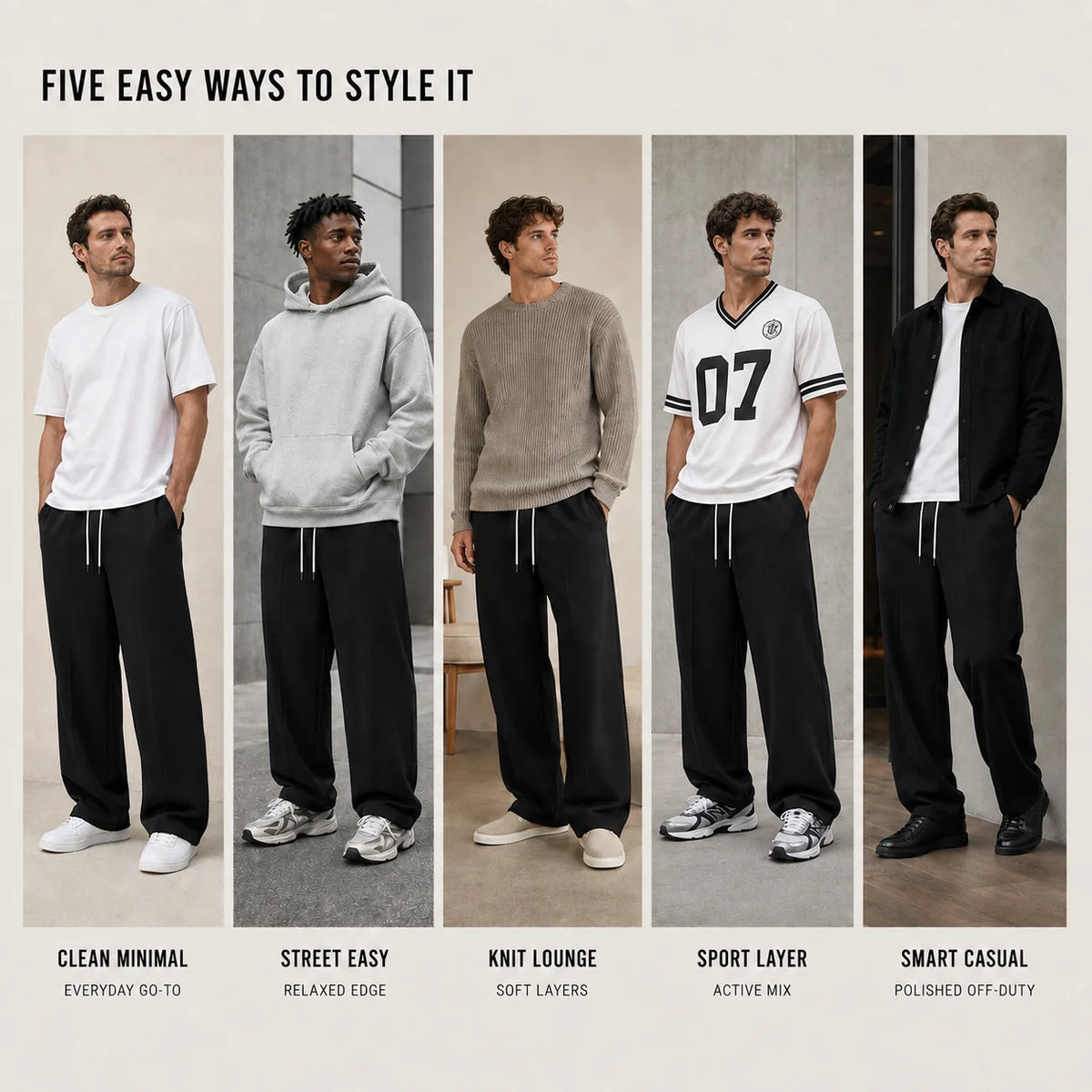 Men's Loose Fit Joggers with Drawstring Waist & Deep Pockets - Styling Collage