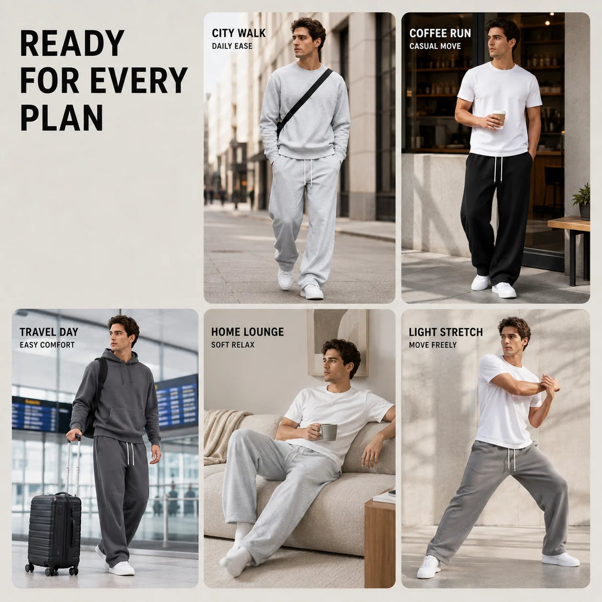 Men's Loose Fit Joggers with Drawstring Waist & Deep Pockets - Lifestyle Collage