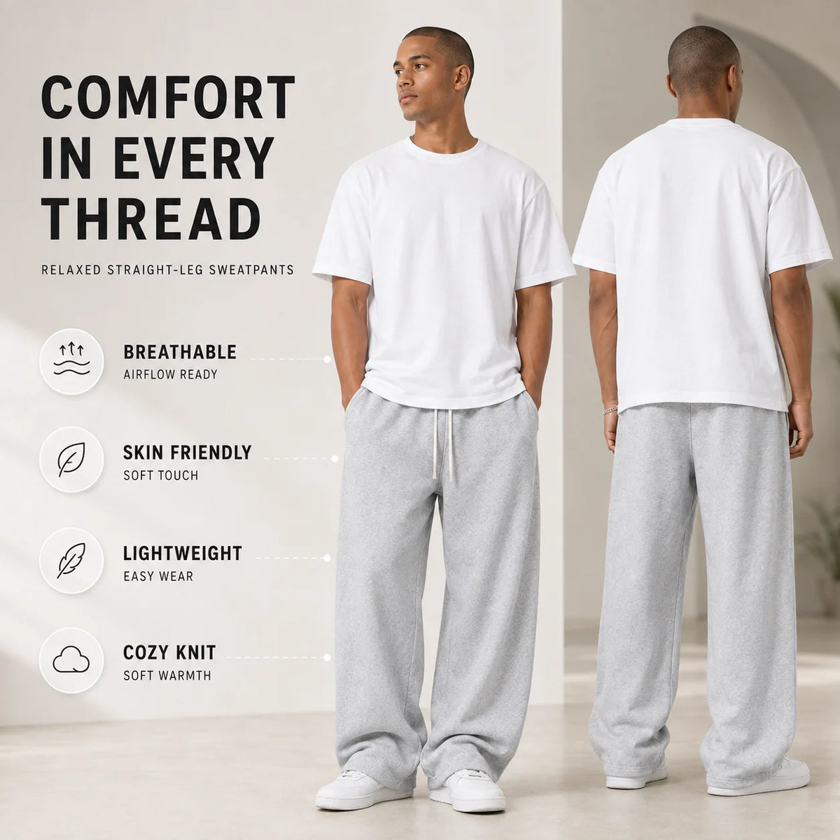 Men's Loose Fit Joggers with Drawstring Waist & Deep Pockets - Front Back Pose