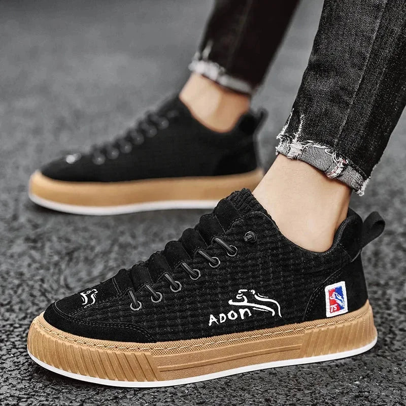 Black Women's Low Top Sneakers with Lace-Up Closure & Cushioned Comfort - Side Worn Closeup