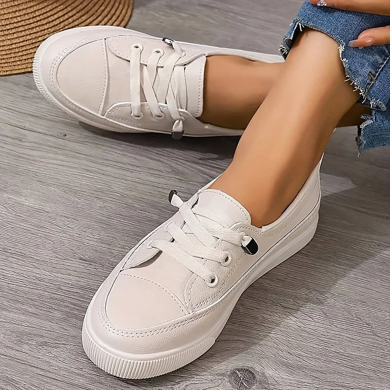 Beige Women's Low Top Leather Sneakers with Lace-Up Front & Platform Sole