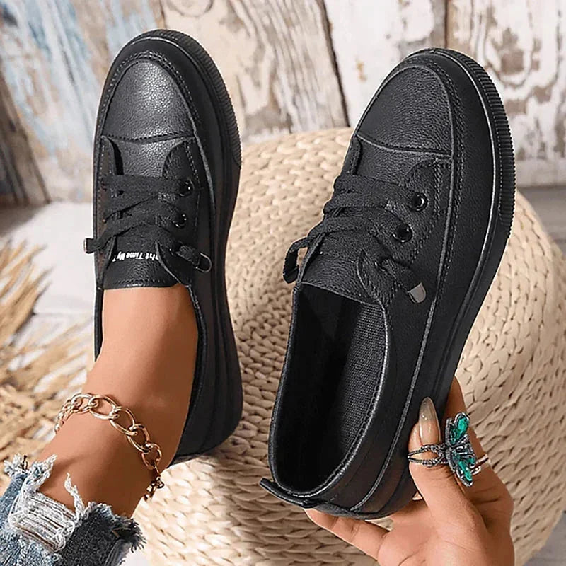 Black Women's Low Top Leather Sneakers with Lace-Up Front & Platform Sole