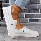 White Women's Low Top Leather Sneakers with Lace-Up Front & Platform Sole — Claire - Side Profile Worn