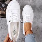 White Women's Low Top Leather Sneakers with Lace-Up Front & Platform Sole