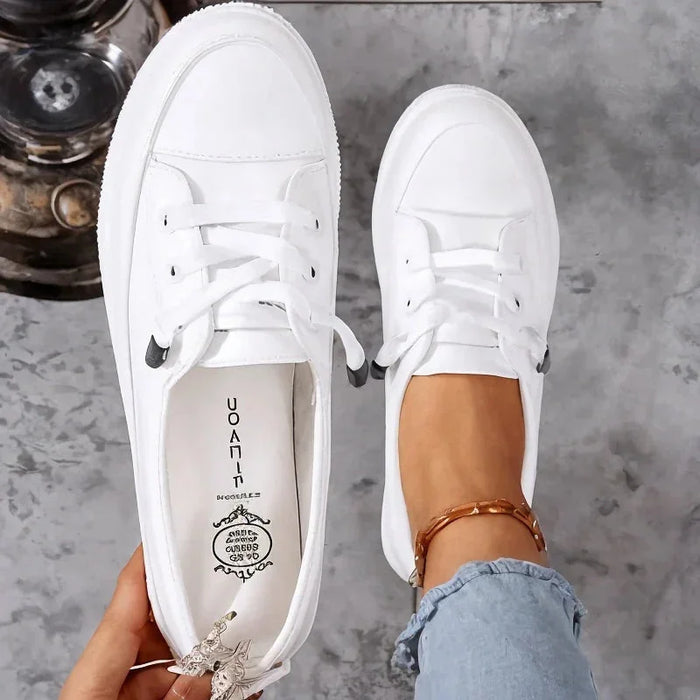 White Women's Low Top Leather Sneakers with Lace-Up Front & Platform Sole