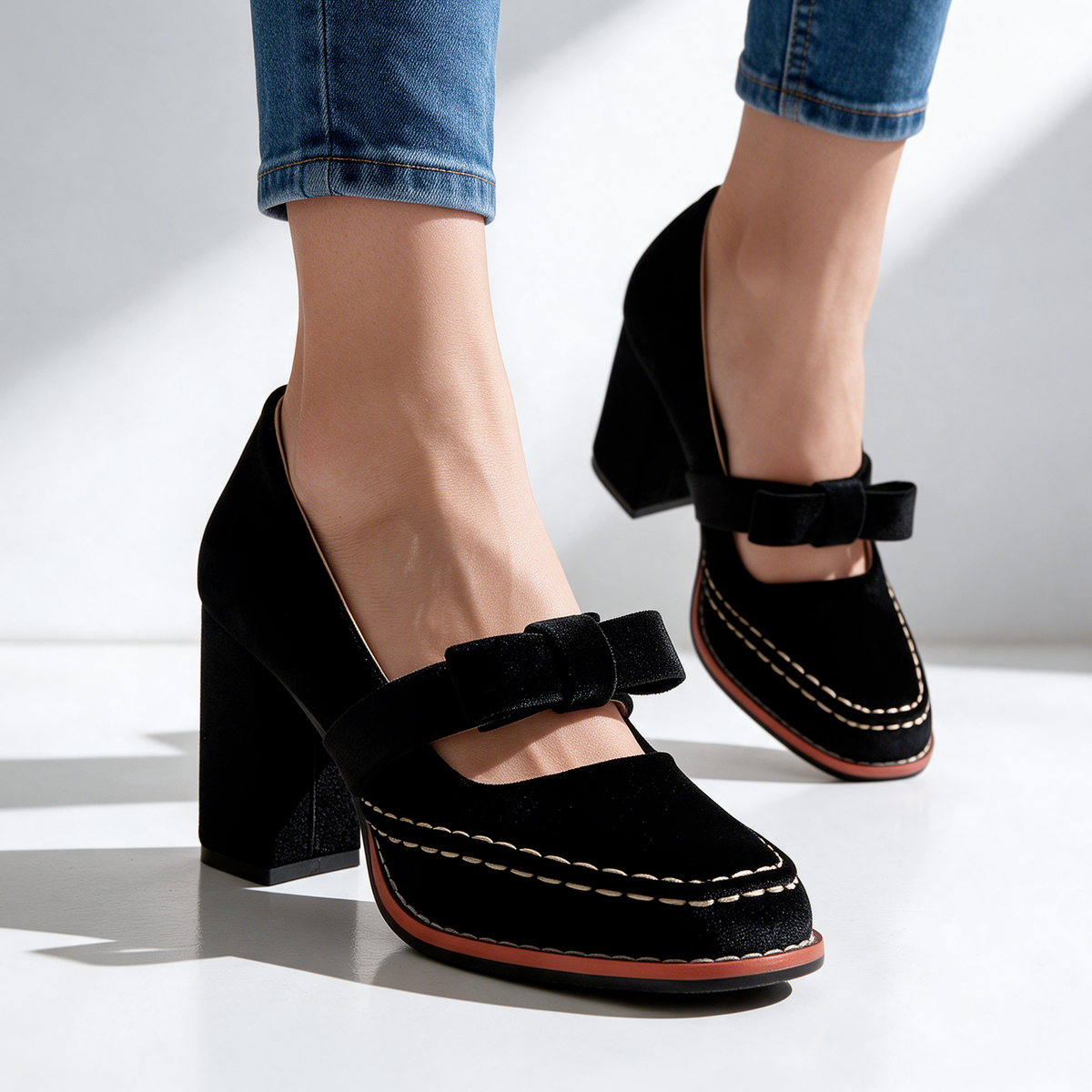Women's Velvet Mary Jane Heels with Bow Strap & Block Heel