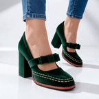 Women's Velvet Mary Jane Heels with Bow Strap & Block Heel