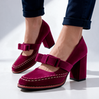 Women's Velvet Mary Jane Heels with Bow Strap & Block Heel