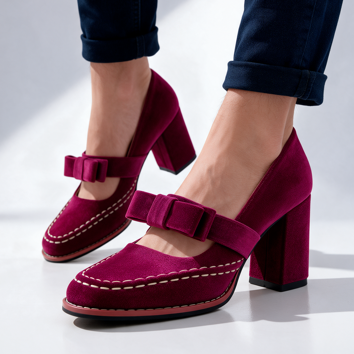 Women's Velvet Mary Jane Heels with Bow Strap & Block Heel