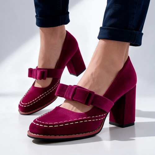 Women's Velvet Mary Jane Heels with Bow Strap & Block Heel
