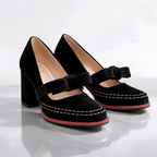 Black Women's Velvet Mary Jane Heels with Bow Strap & Block Heel
