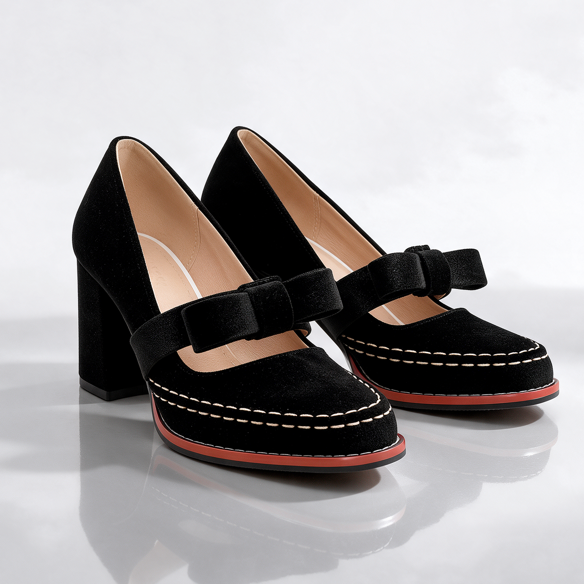 Black Women's Velvet Mary Jane Heels with Bow Strap & Block Heel
