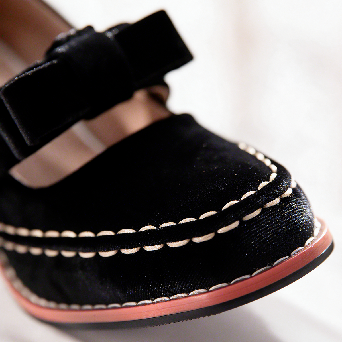 Women's Velvet Mary Jane Heels with Bow Strap & Block Heel