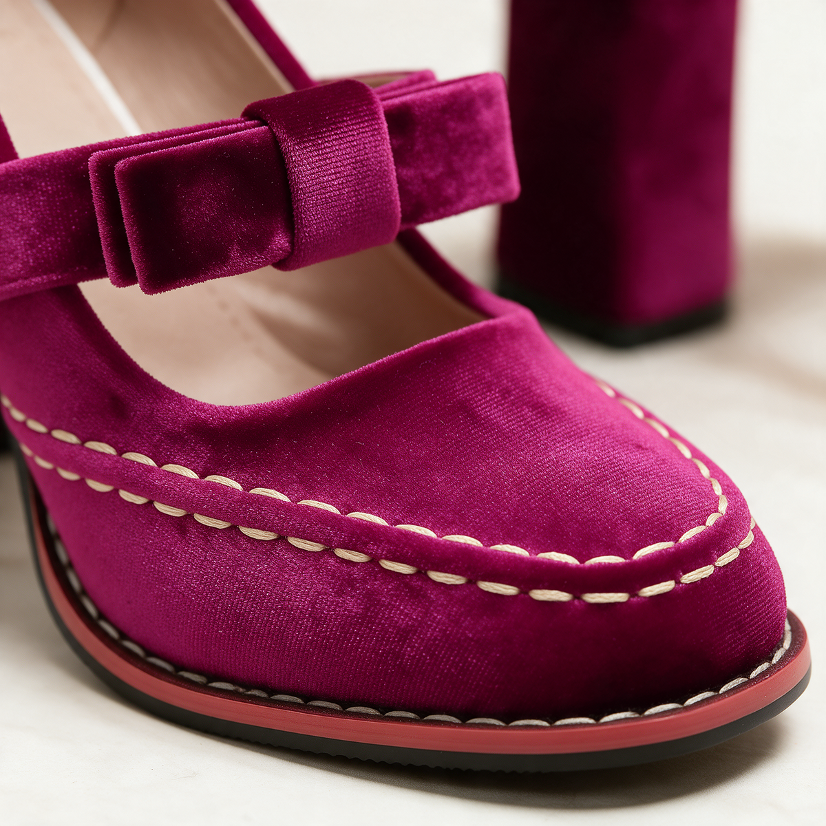 Women's Velvet Mary Jane Heels with Bow Strap & Block Heel