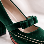Women's Velvet Mary Jane Heels with Bow Strap & Block Heel