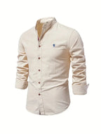 Beige Men's Long Sleeve Shirt with Mandarin Collar & Tailored Button-Front