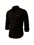 Black Men's Long Sleeve Shirt with Mandarin Collar & Tailored Button-Front