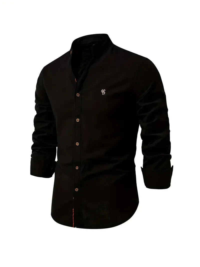 Black Men's Long Sleeve Shirt with Mandarin Collar & Tailored Button-Front