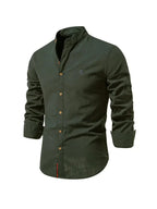 Dark Green Men's Long Sleeve Shirt with Mandarin Collar & Tailored Button-Front - Front Full