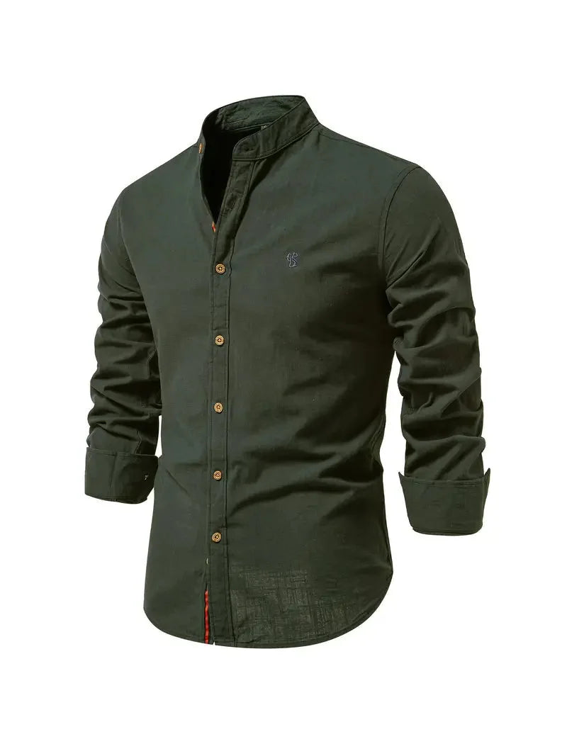 Dark Green Men's Long Sleeve Shirt with Mandarin Collar & Tailored Button-Front - Front Full