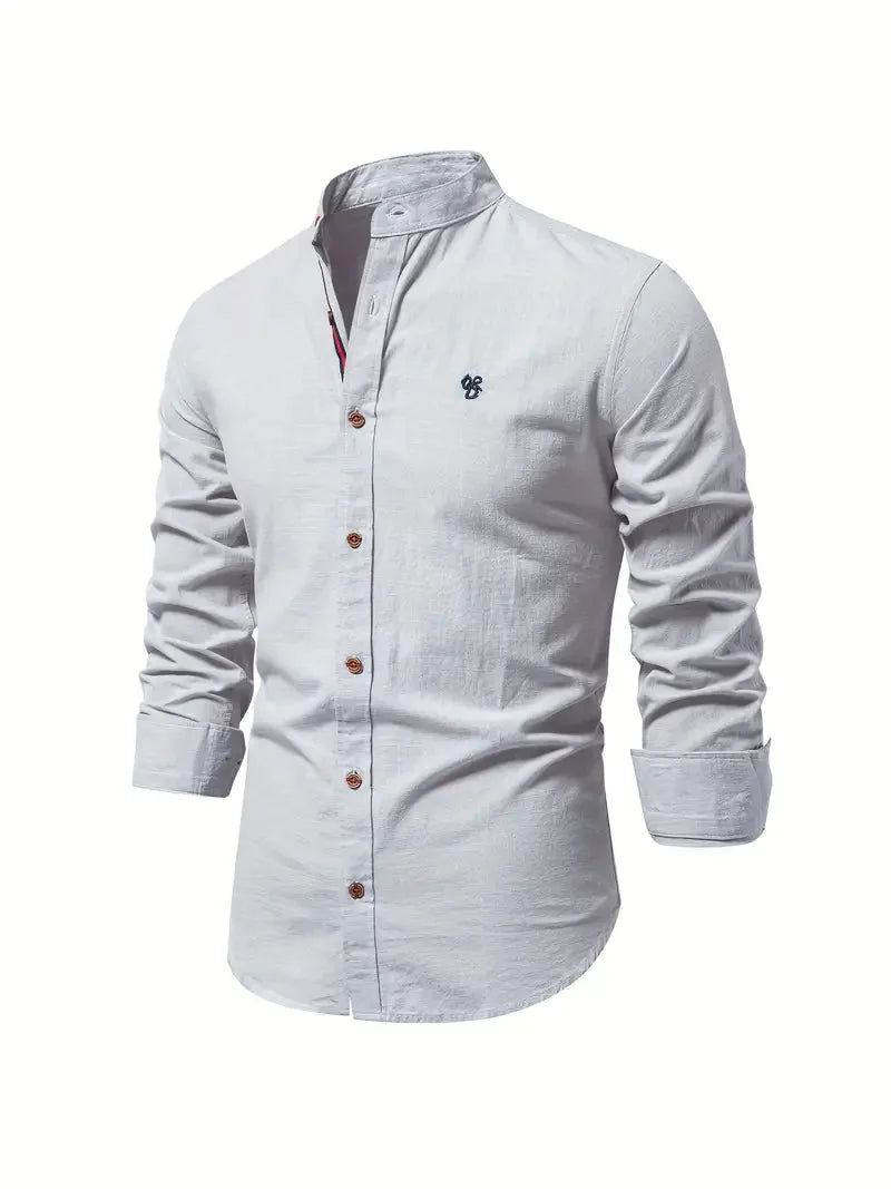 Grey Men's Long Sleeve Shirt with Mandarin Collar & Tailored Button-Front