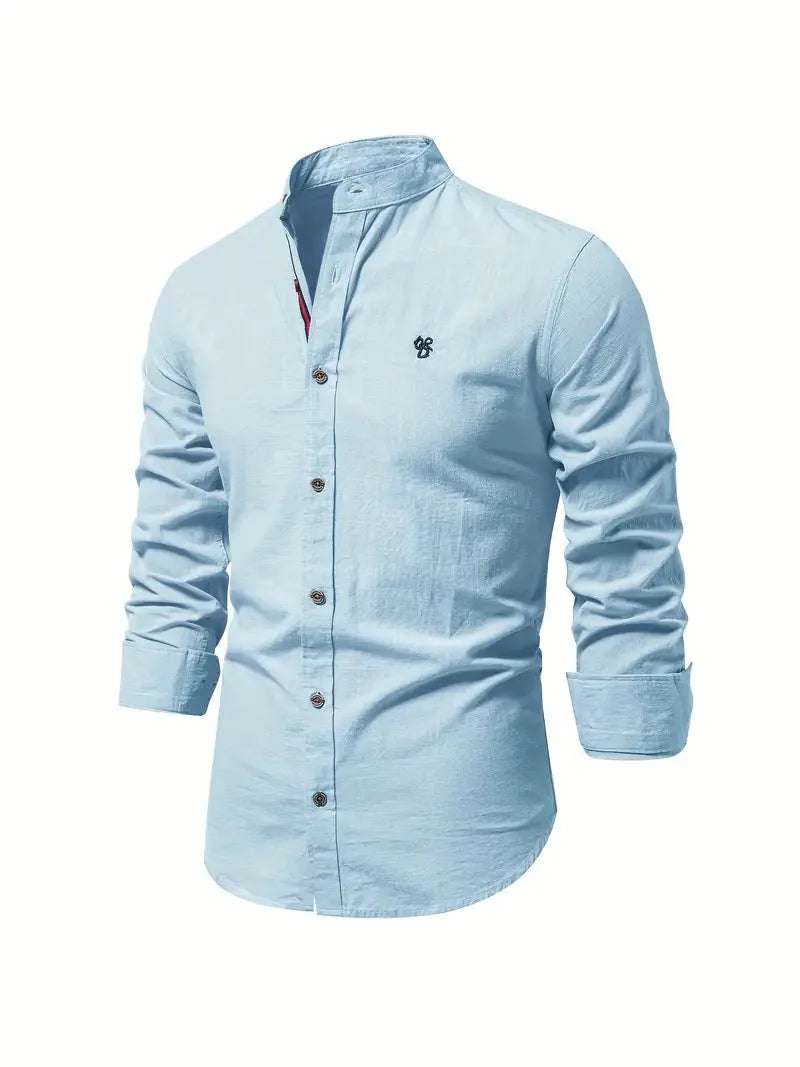 Light Blue Men's Long Sleeve Shirt with Mandarin Collar & Tailored Button-Front