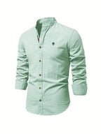 Light Green Men's Long Sleeve Shirt with Mandarin Collar & Tailored Button-Front - Side Pose