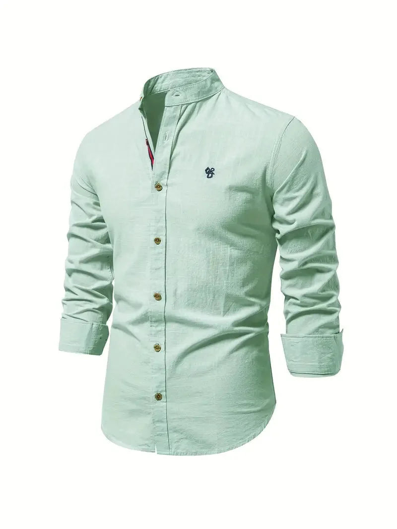 Light Green Men's Long Sleeve Shirt with Mandarin Collar & Tailored Button-Front - Side Pose