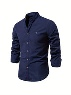 Dark Blue Men's Long Sleeve Shirt with Mandarin Collar & Tailored Button-Front - Front Buttoned