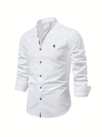 White Men's Long Sleeve Shirt with Mandarin Collar & Tailored Button-Front - Front Angle